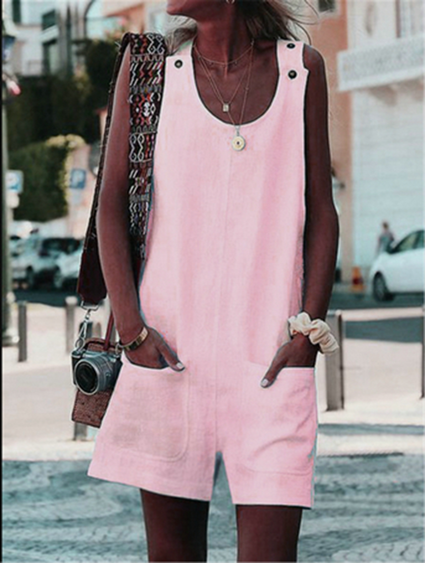 Jumpsuits European spring and summer fashion pocket button solid color round neck casual street jumpsuit support mixed batch