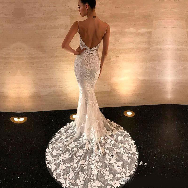 2020 Embroidery Lace Mermaid Wedding Dresses Spaghetti Straps Beaded Backless Bridal Gowns Sleeveless Plus Size Wedding Dress