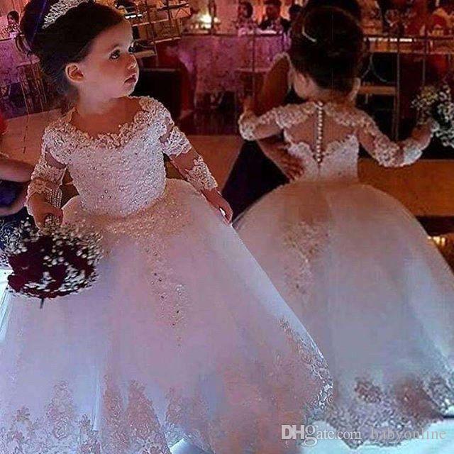 Sexy Lace Flower Jewel Neck Long Sleeves Appliques Tulle Wedding Girls Pageant Party Dresses Birthday Kids Prom Dress