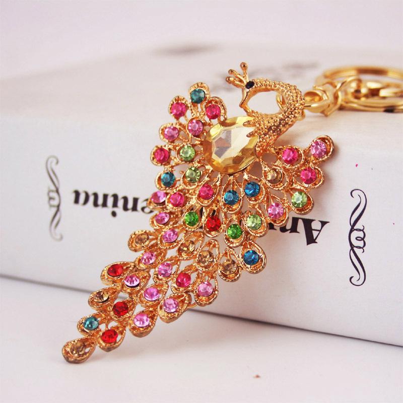 Newest Fashion Keychain 3pcs Colorful Rhinestone Crystal Paved Animal Beauty Peacock Key Chain Hanging Women Car Key Rings