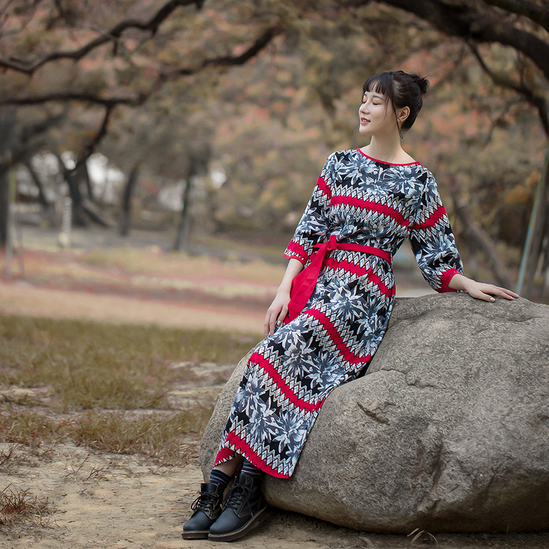 2020 Women Spring Summer Enthnic Clothing Cotton Linen Printed Dress Ladies Vintage Patchwork Retro Robe Dress Female Improve Hanfu