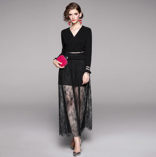 Autumn European and American V-neck long sleeve ruffled sweater + lace stitching skirt suit, Black
Autumn European and American V-neck long sleeve ruffled sweater + lace stitching skirt suit, Black