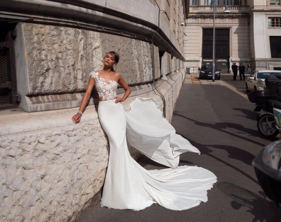 Julie Vino Mermaid Dresses with Wrap One Shoulder Lace Appliques Bridal Gowns Sweep Train Wedding Dress vestido de novia
