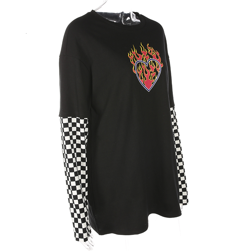 Sweetown Oversized Cotton Long Sleeve T Shirt Checkerboard Patchwork Graphic Tees Women Autumn 2018 Plus Size Harajuku Tshirt V191019