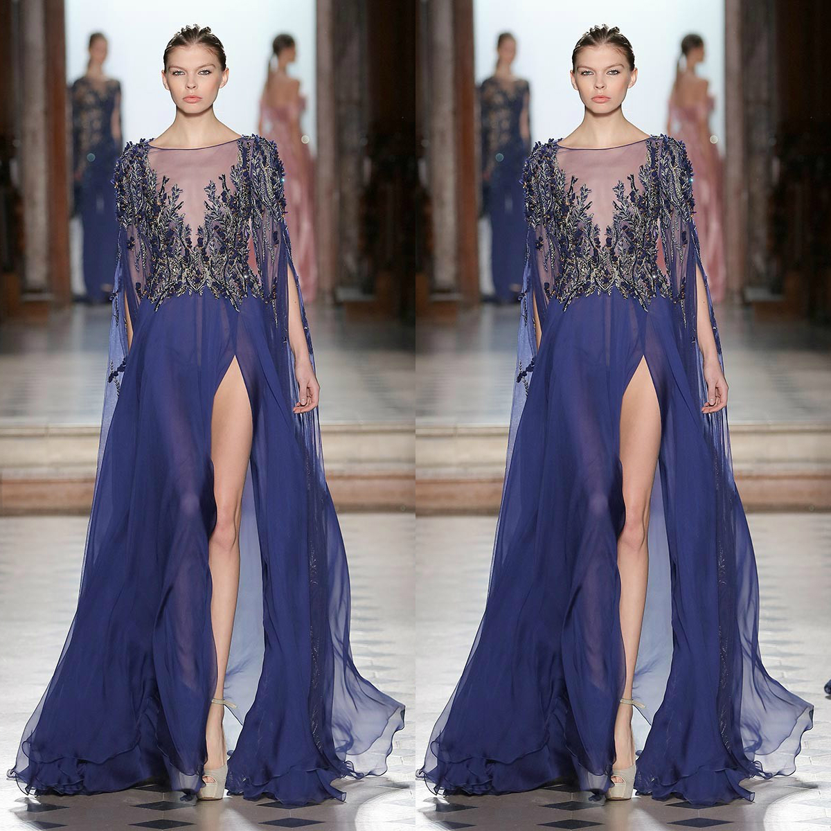 tony ward split prom dresses long sleeve beaded lace appliqued formal evening gowns cheap chiffon jewel neck party dress