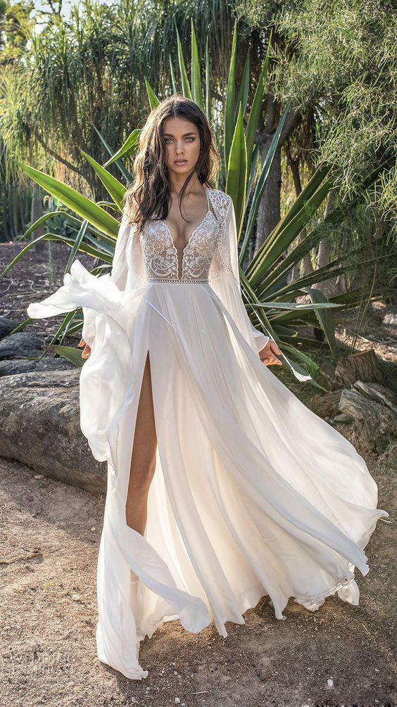 2020 Modest asafdadush Bohemian V Neck Long Sleeve Side Split Wedding Dresses Lace Wedding Gowns Floor Length Bridal Gowns