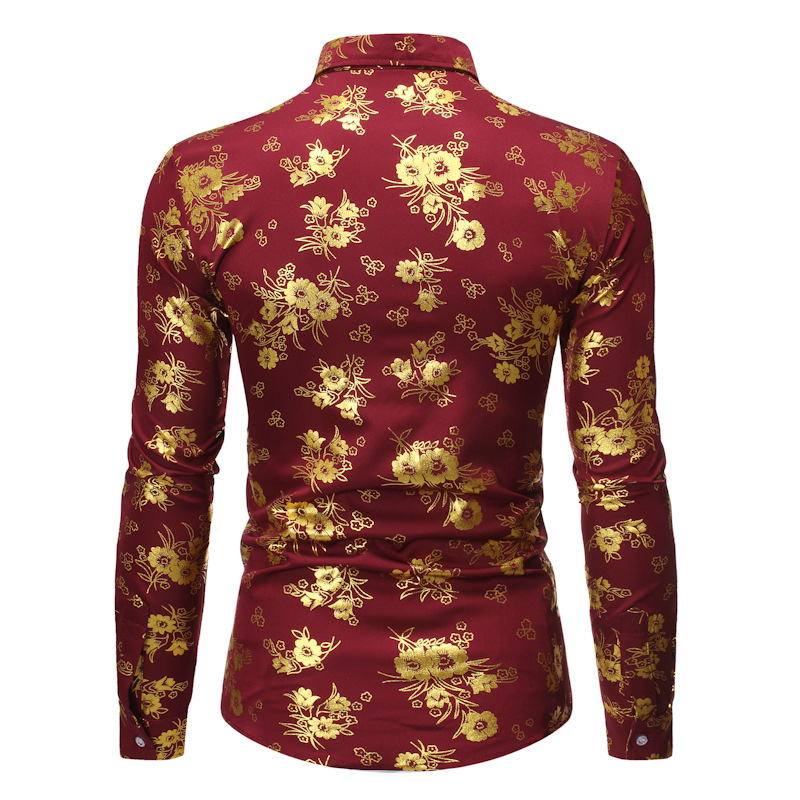 Men's Casual Shirts Fancy Flowered Gold Print Dress Shirt Men 2021 Brand Luxury Design Slim Fit Tuxedo For Club Party Disco