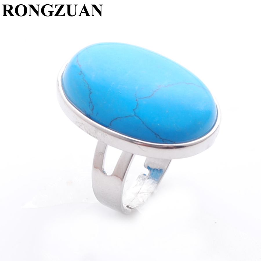 

Beautiful Women Party Rings Jewelry Natural Gem Blue Turquoise Stone Oval shape Bead Silver Color Adjustable Finger Ring DX3079