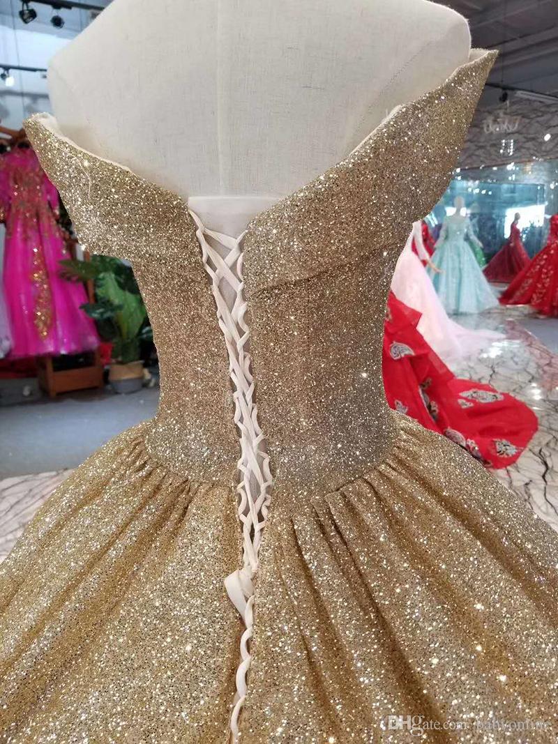 New Long Bling Gold Prom Dresses Sequins Ball Gown Quinceanera Dresses Off Shoulder Court Train Formal Evening Wear Dress Lace Up Back