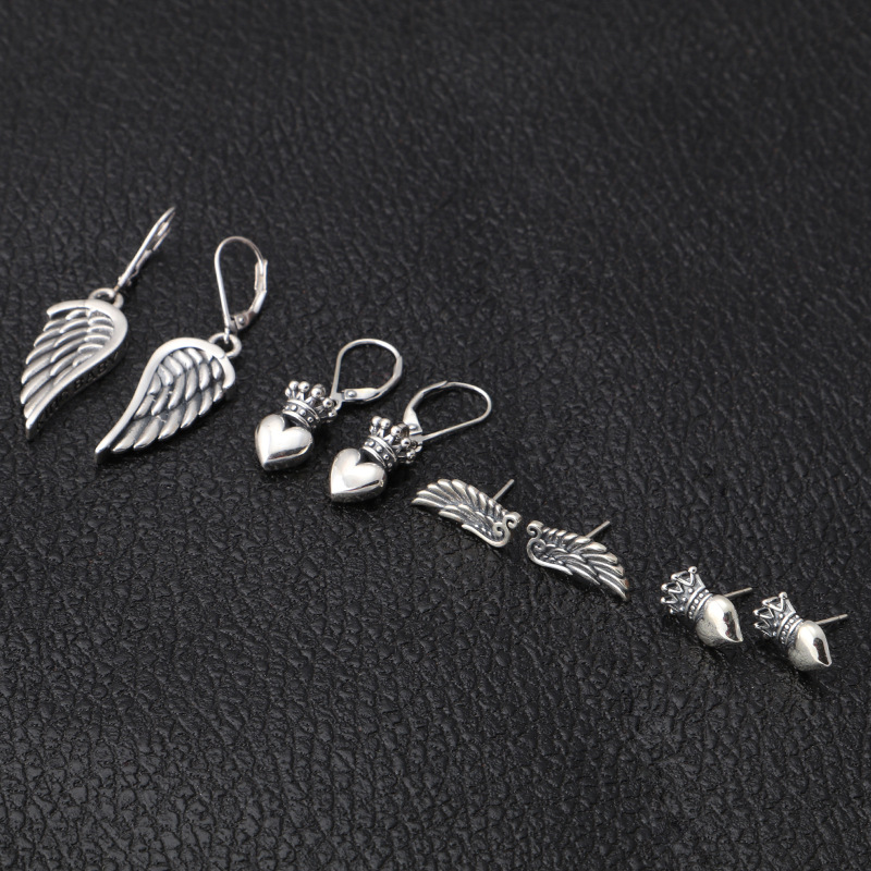Brand new 925 sterling silver jewelry American antique silver hand-made designer heart crown wings earrings gift for women