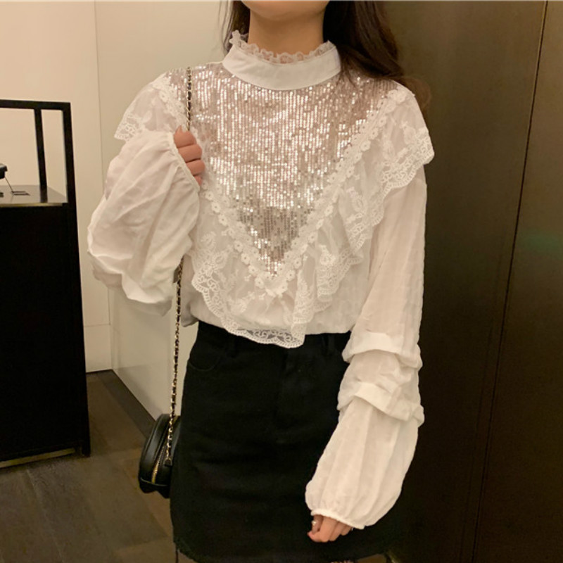 bead work women white blouses Spring femme ruffles shirts woman bead work tops, Black
bead work women white blouses Spring femme ruffles shirts woman bead work tops, Black