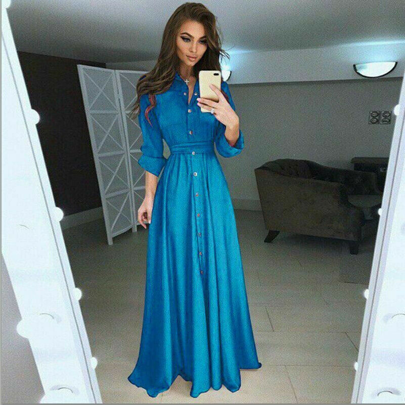 Casual Dresses Summer Autumn Female Buttons V Neck Long Sleeve Solid Black Red Loose Big Size Maxi Dress Women Fashion T