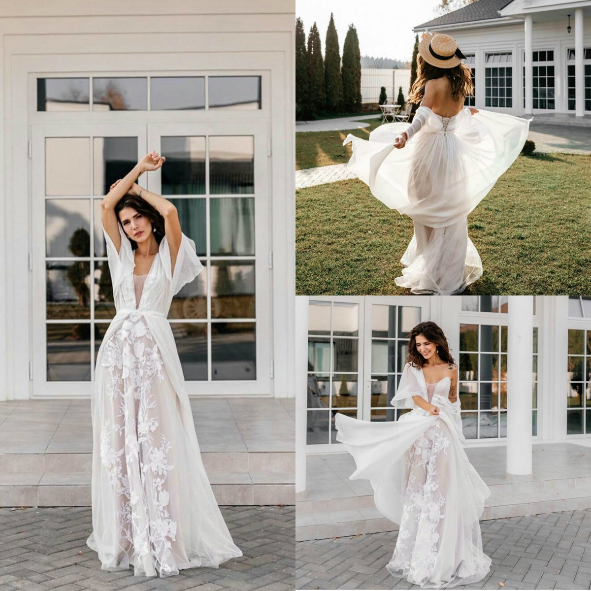 Bohemian A Line Wedding Dresses Sheer V Neck Short Sleeve Chiffon Bridal Gowns Beach Floor Length vestidos de novia