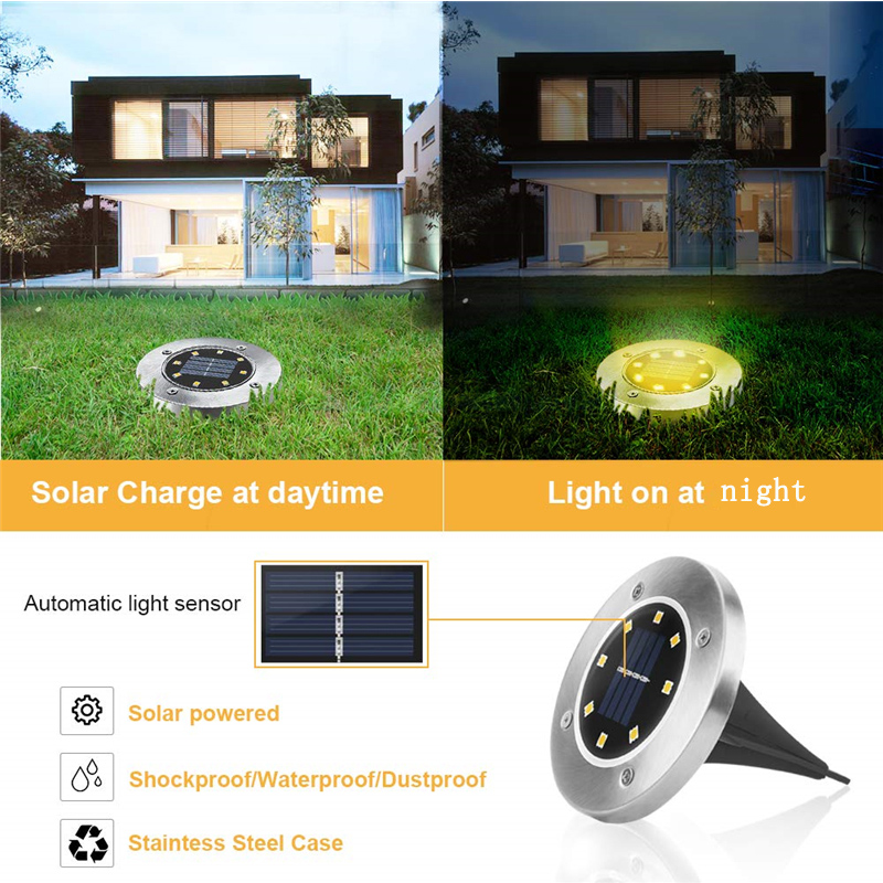 LED Solar Ground Lights 8 LEDs Solar Powered Waterproof Light Waterproof Garden Lights for Yard,Deck,Lawn,Patio