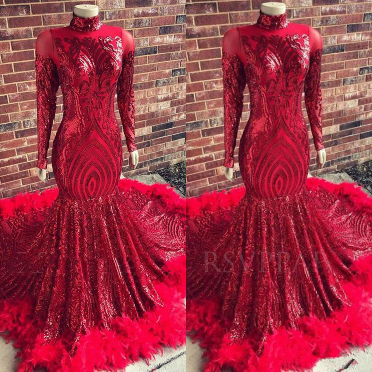 High Neck Feather 2020 Prom Dresses Crystal Sequined Mermaid Long Sleeve Evening Dresses Formal Gowns Vestidos de fiesta