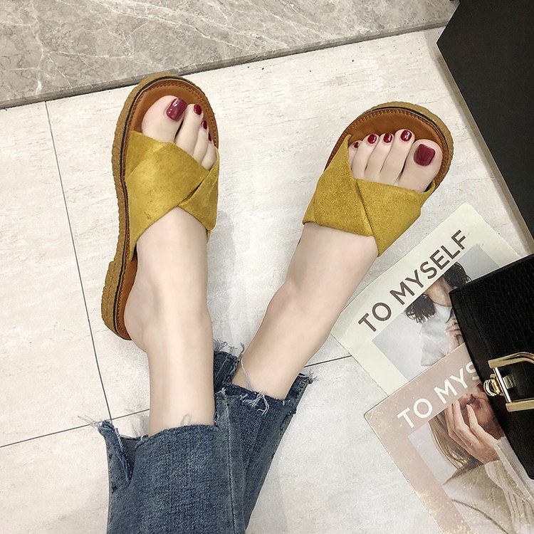 Hot Sale-New Style Summer Woman Slippers Beach Flock Fashion Low Heels Sandals Shoes Round Toe Ladies Elegant Womens Slipper
