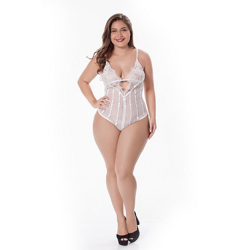 Striped Panels Lace and Mesh Teddy Sexy Lace cups Bodysuit Plus Size S-3XL Back Key-hole Details Black White Underwear Lingerie