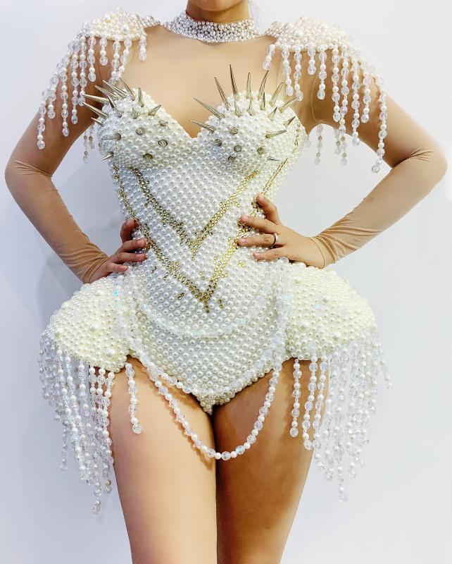 Luxurious Pearls Stones Bodysuit Sexy Tranparent See Through Leotard Dance Show Costume Party Tassels Costume Nightclub outfit, White
Luxurious Pearls Stones Bodysuit Sexy Tranparent See Through Leotard Dance Show Costume Party Tassels Costume Nightclub outfit, White