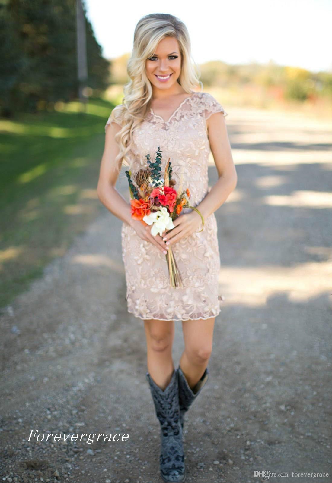 2019 Cheap Full Lace Country Bridesmaid Dress V Neck Short Sleeves Garden Wedding Party Guest Maid of Honor Gown Plus Size Custom Made