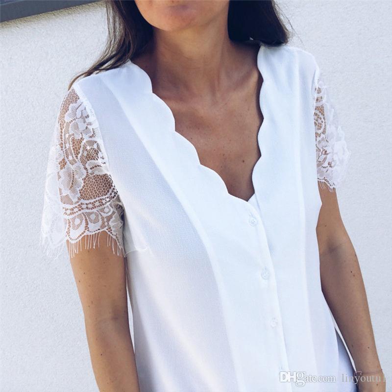 2020 Women Solid Black White Chiffon Blouses Wave V Neck Button Short Lace Sleeve Casual Blouse Woman Ladies Holiday Top Shirt Blouse