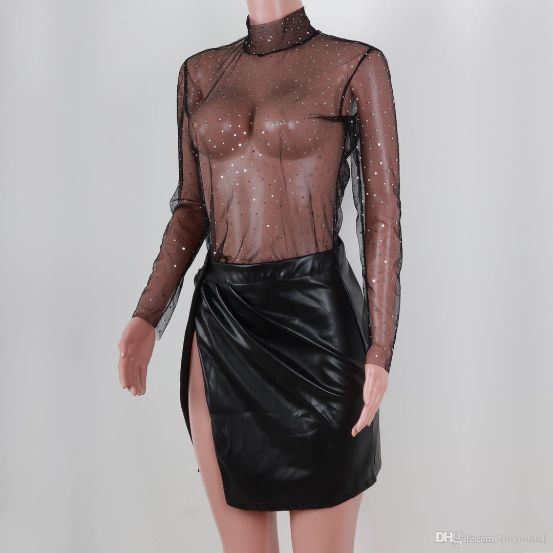 2020 Sexy Women Sheer Mesh Transparent Blouse Long Sleeve Mesh Nightclub Clothing Tops See-through Shirt Blouses T-shirt