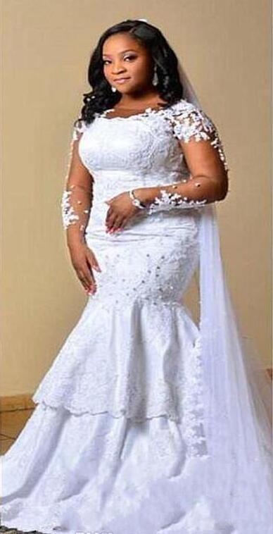 White Applique Lace Mermaid Wedding Dresses Simple long Sleeves Sweep Train Zipper Tiered Bridal Gown vestido de noiva Custom Made