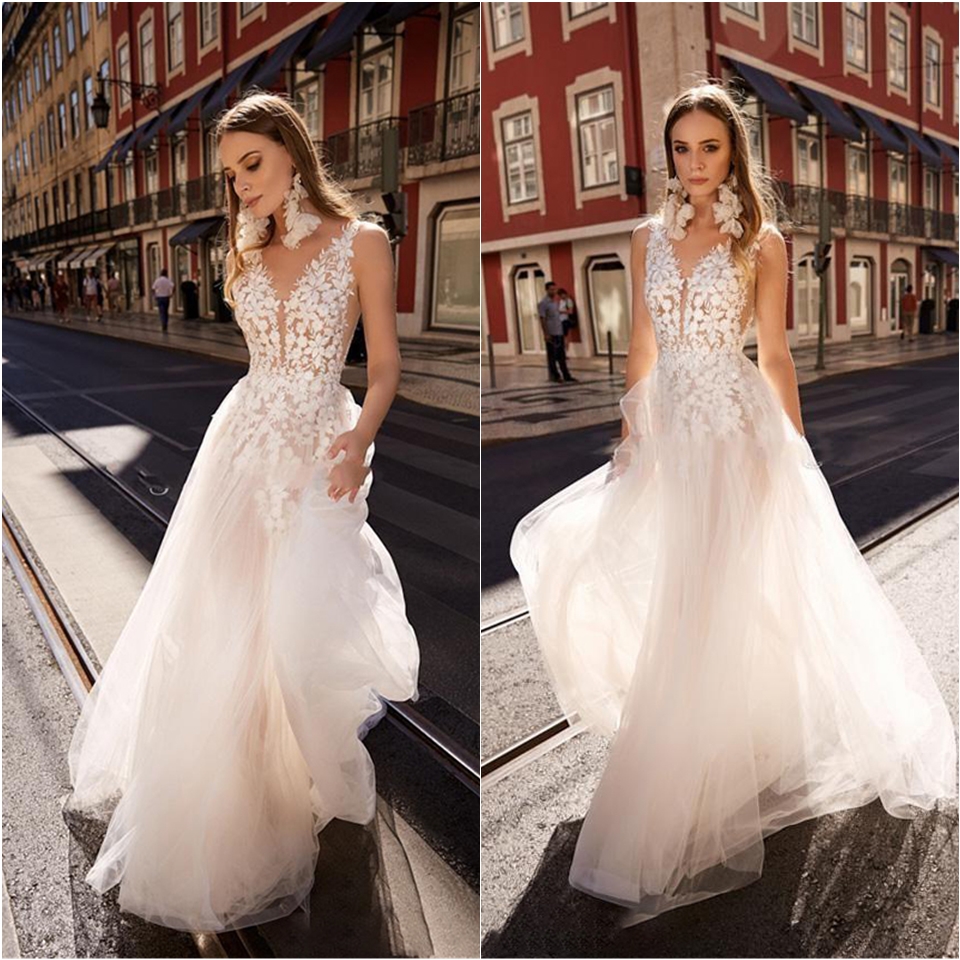 Wedding Dresses Sexy Lace Appliques Backlesss Beach Bridals Gowns Tull Long Wedding Dress Bridal Dresses Custom made