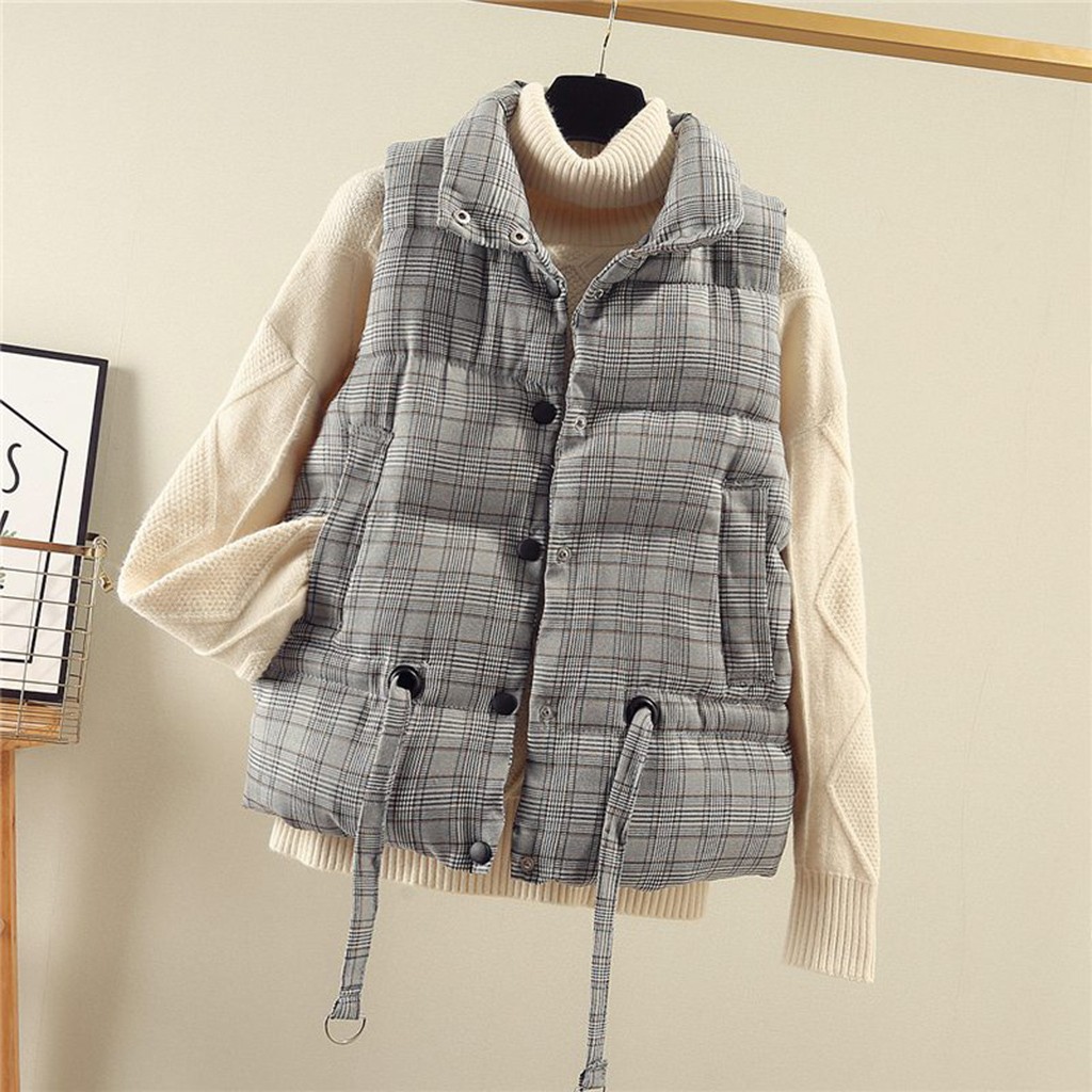 Stand Collar Women Winter Vests 2019 New Plaid Print Short Vest Cotton Padded Jacket Sleeveless Female Hooded Waistcoat Vest#G30, Khaki
Stand Collar Women Winter Vests 2019 New Plaid Print Short Vest Cotton Padded Jacket Sleeveless Female Hooded Waistcoat Vest#G30, Khaki