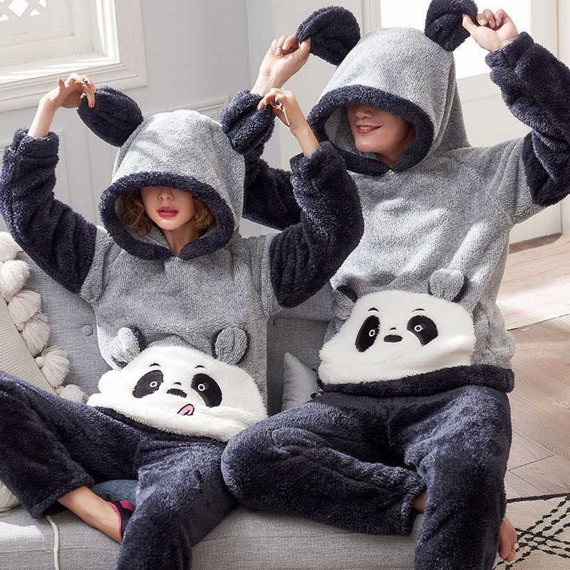 Men's Sleepwear Unisex Adult Couple Pajamas Men Winter Velvet 2 Pieces Warm Flannel Pajama Set Animal Cartoon Cute Hooded Home Clothes