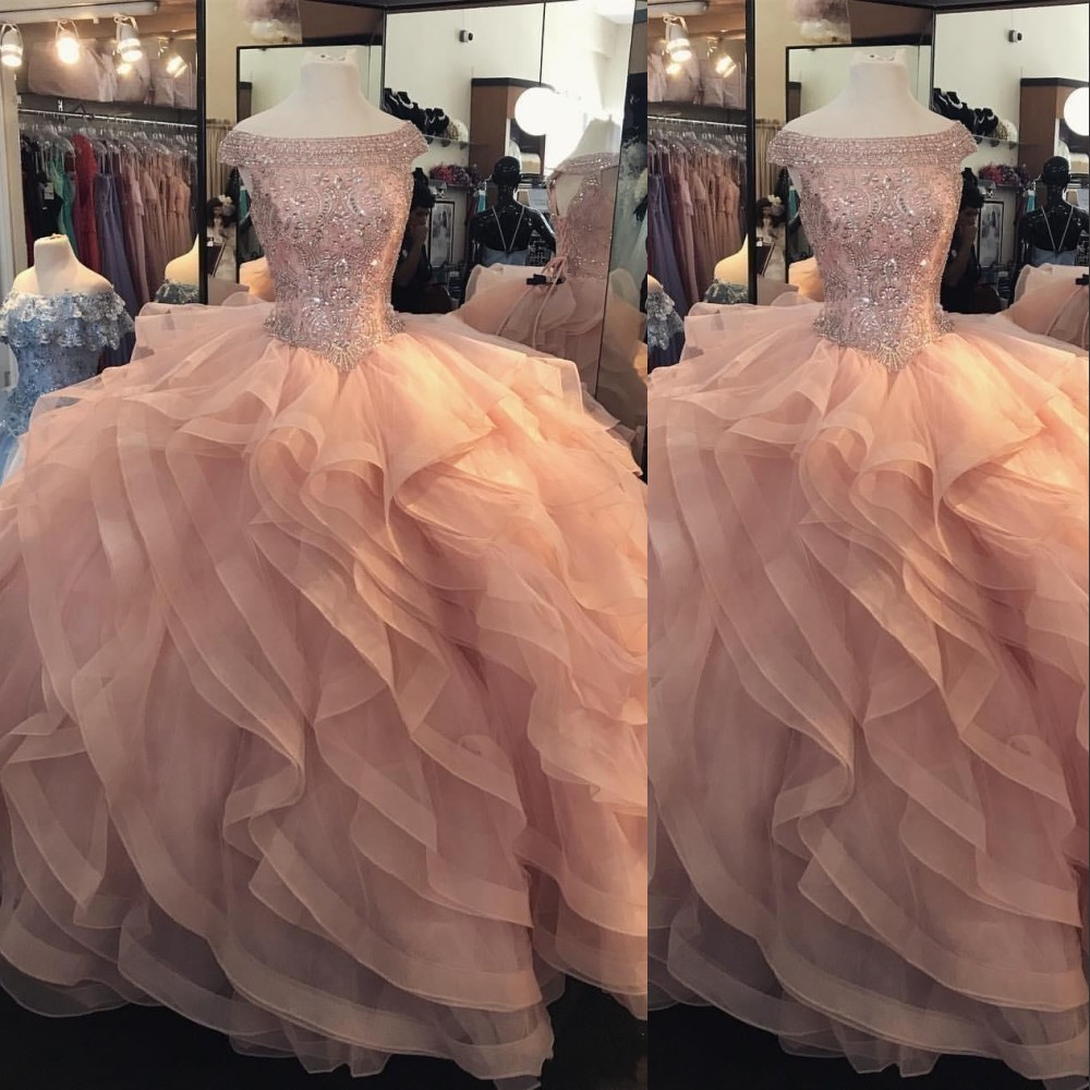 Peach Off Shoulder Ball Gown Quinceanera Dresses Crystal Beaded Tiered Ruffles Puffy Tulle Plus Size Sweet 16 Long Party Prom Evening Gowns