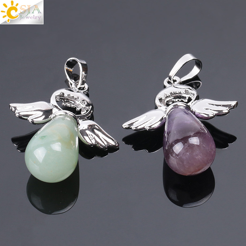 Natural Stones Angels Wings Pendant for Necklace Pink Quartz Onyx Pendants Silver-color Water Drop Female Jewelry Gift