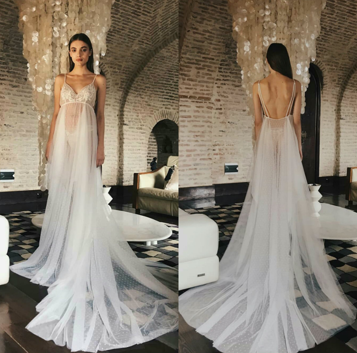 Cheap Sexy Wedding Robes Spaghetti Strap Sleeveless Appliqued Lace See Through Night Gown For Women Ribbon Backless Sweep Train Sleepwear