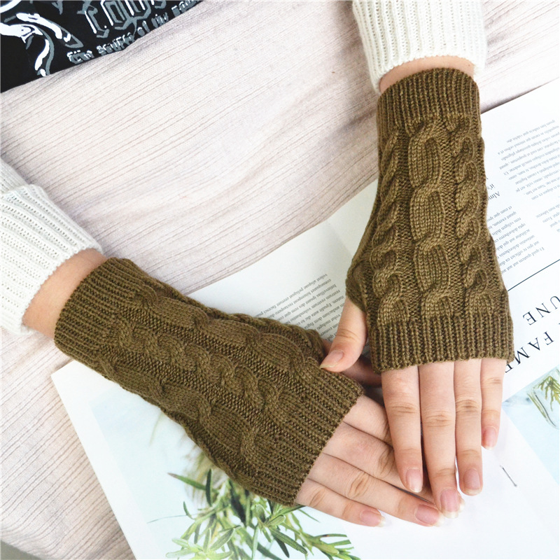 Autumn Winter Women Combing Fine Wool Cable Fingerless Gloves Thick Soft Knitted Woolen Arm Warmers Thumb-hole Arm Sleeve