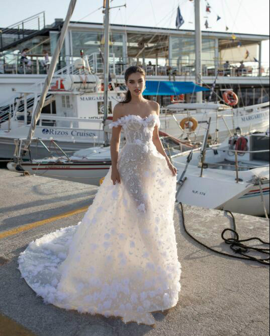 Lian Rokman 2020 Wedding Dresses Lace 3D Floral Appliques Off The Shoulder Bridal Gowns Sweep Train A Line Wedding Dress Robes De Mariée