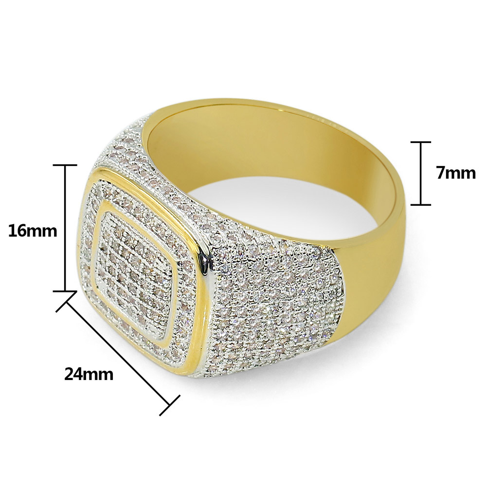 Men's Hip Hop Large Square Rings 18k Real Gold Plated Cubic Zircon Diamond Finger Ring Jewelry Gift
