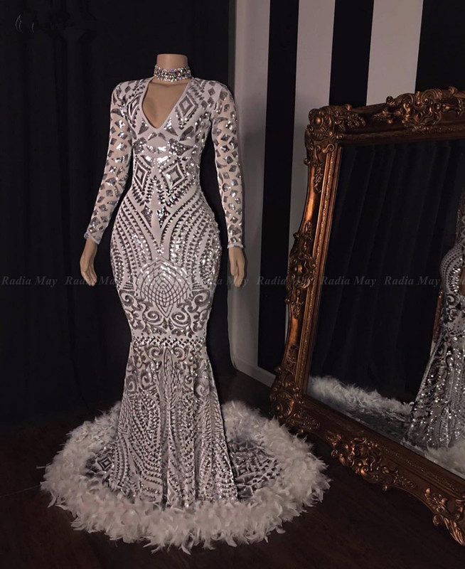 Burgundy Sequin Long Sleeves Mermaid African Prom Dresses Feathers Train V-Neck Plus Size Silver Evening Gowns Graduation Dress