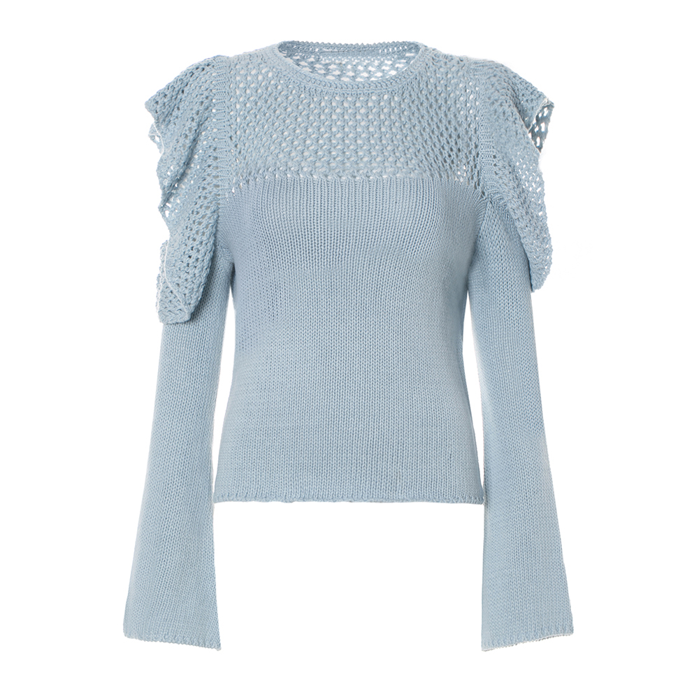 New design womens spring o-neck long sleeve ruffles patchwork off shoulder hollow out gray blue color knitted sweater top jumpers