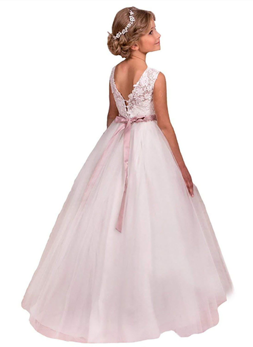 Flower Girl Dresses Lace Applique Beaded Belt Romantic For Weddings Girl Communion Tulle Party Pageant Dresses