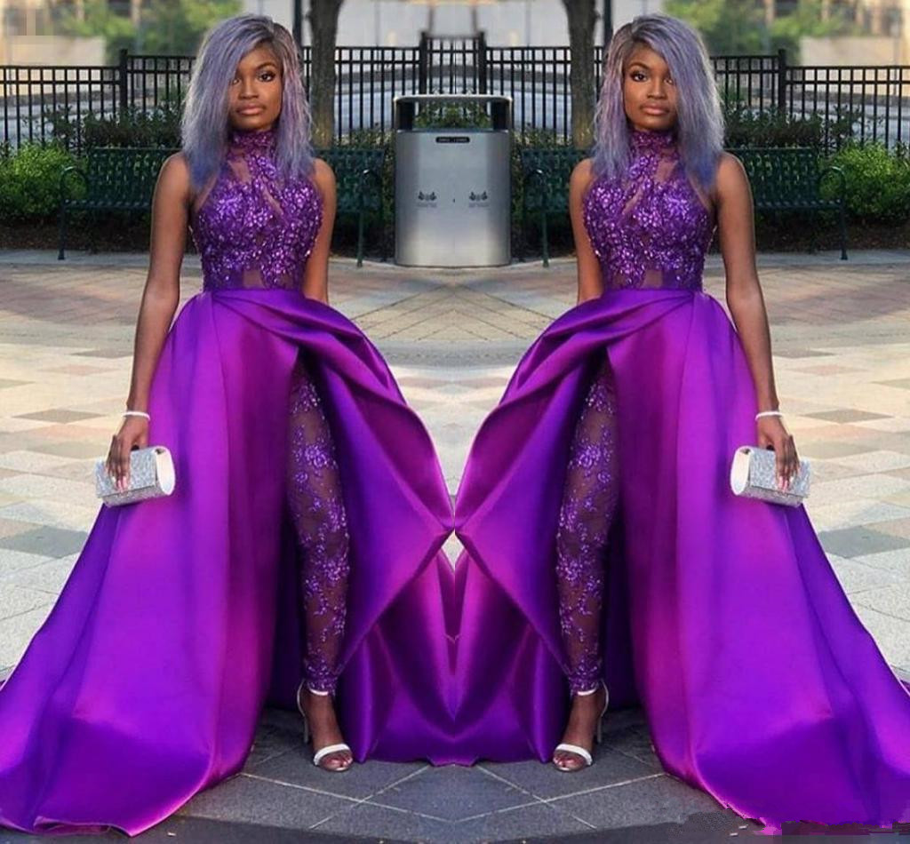 Purple Lace Stain Evening Jumpsuit With Train 2023 High Neck African Plus Size Classic Occasion Prom Pant Suit Dress Wear