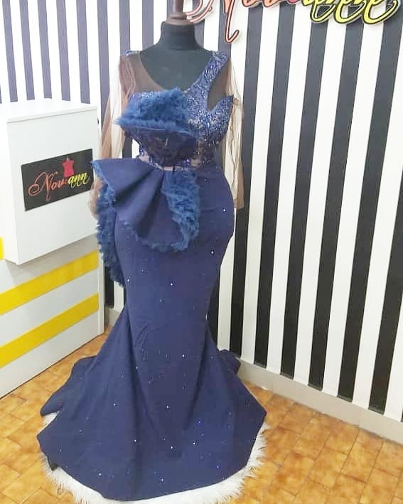 Navy Blue Lace Beaded Mermaid Evening Dress Sexy Formal Party Prom Dresses Long Sleeve