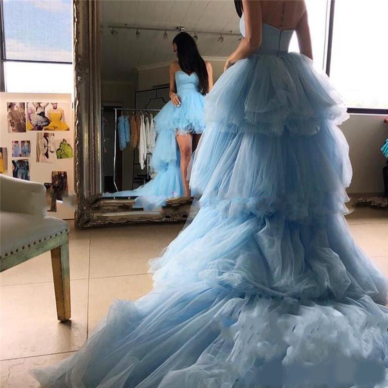 Fashion Light Blue High Low Prom Dresses A Line Sweetheart Party Gowns Plus Size Tiered Tulle Cheap Arabic African Formal Evening Dresses