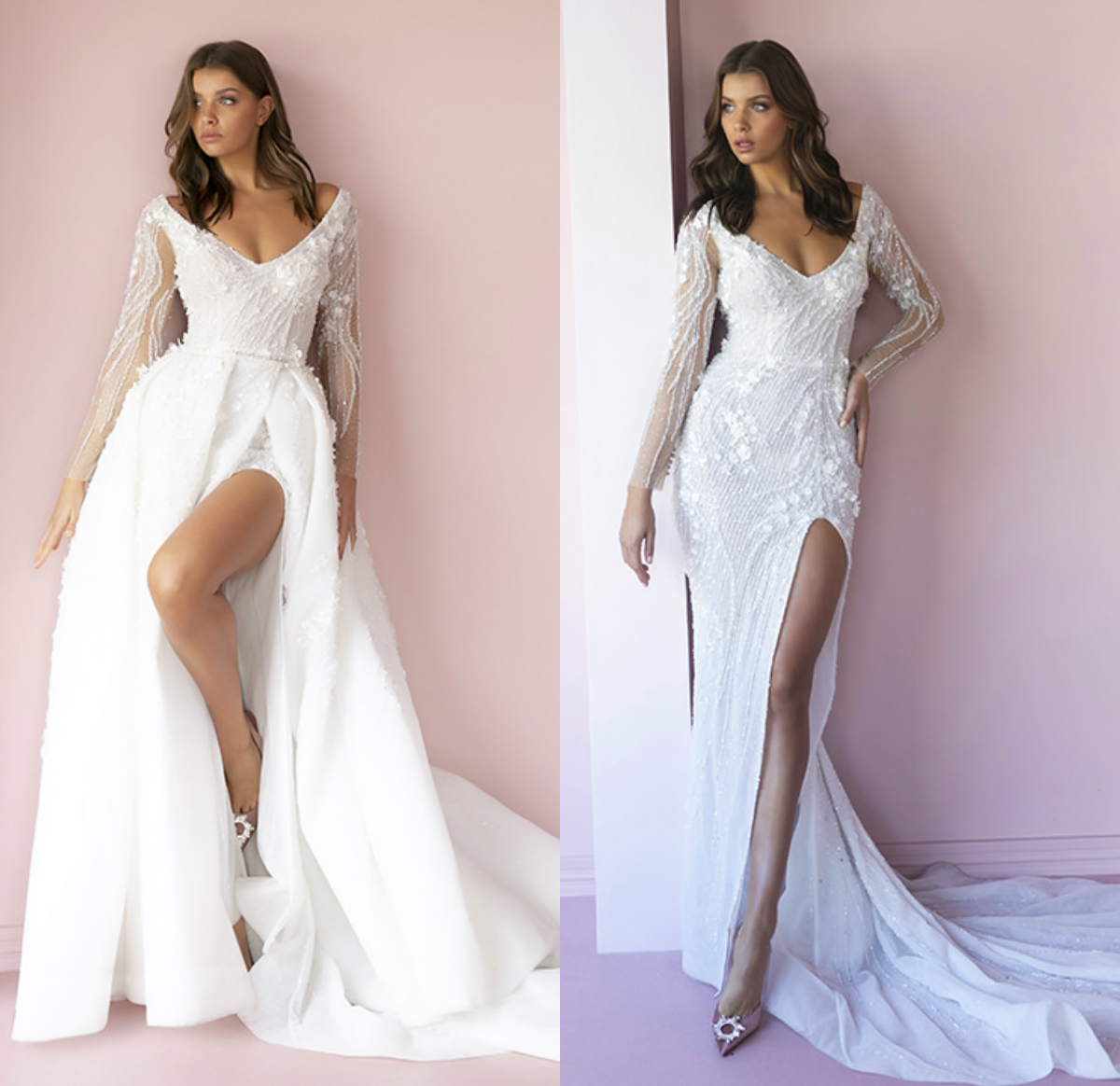 Overskirts Mermaid Wedding Dress Lace Appliques Long Sleeve Vestidos De Novia Side Slit Beach Country Wedding Dress With Detachable Train