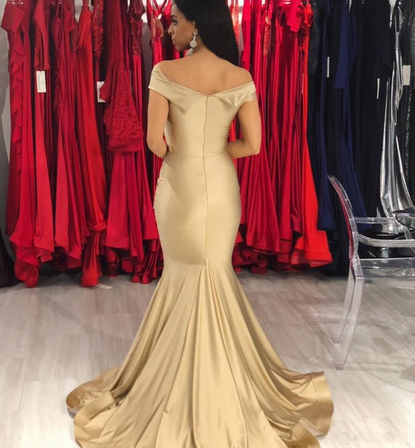 Off Shoulder Mermaid Evening Dresses 2020 Cap Sleeves Sweep Train Satin Plus Size Formal Prom Party Gowns