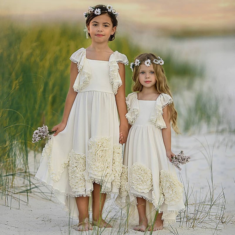 Stylish High Low Bohemia Flower Girl Dresses For Beach Wedding Pageant Gowns Ruffled Boho Kids First Holy Communion Dress