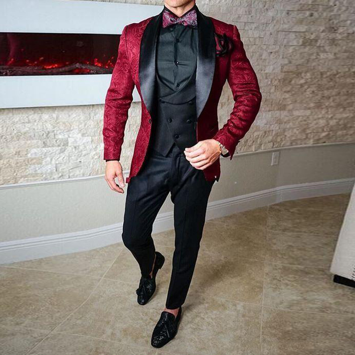 Burgundy Groom Tuxedos Black Shawl Lapel Groomsmen Wedding Suit Man Jacket Blazer 3 Piece Prom Party Suit(Jacket+Pants+Vest)