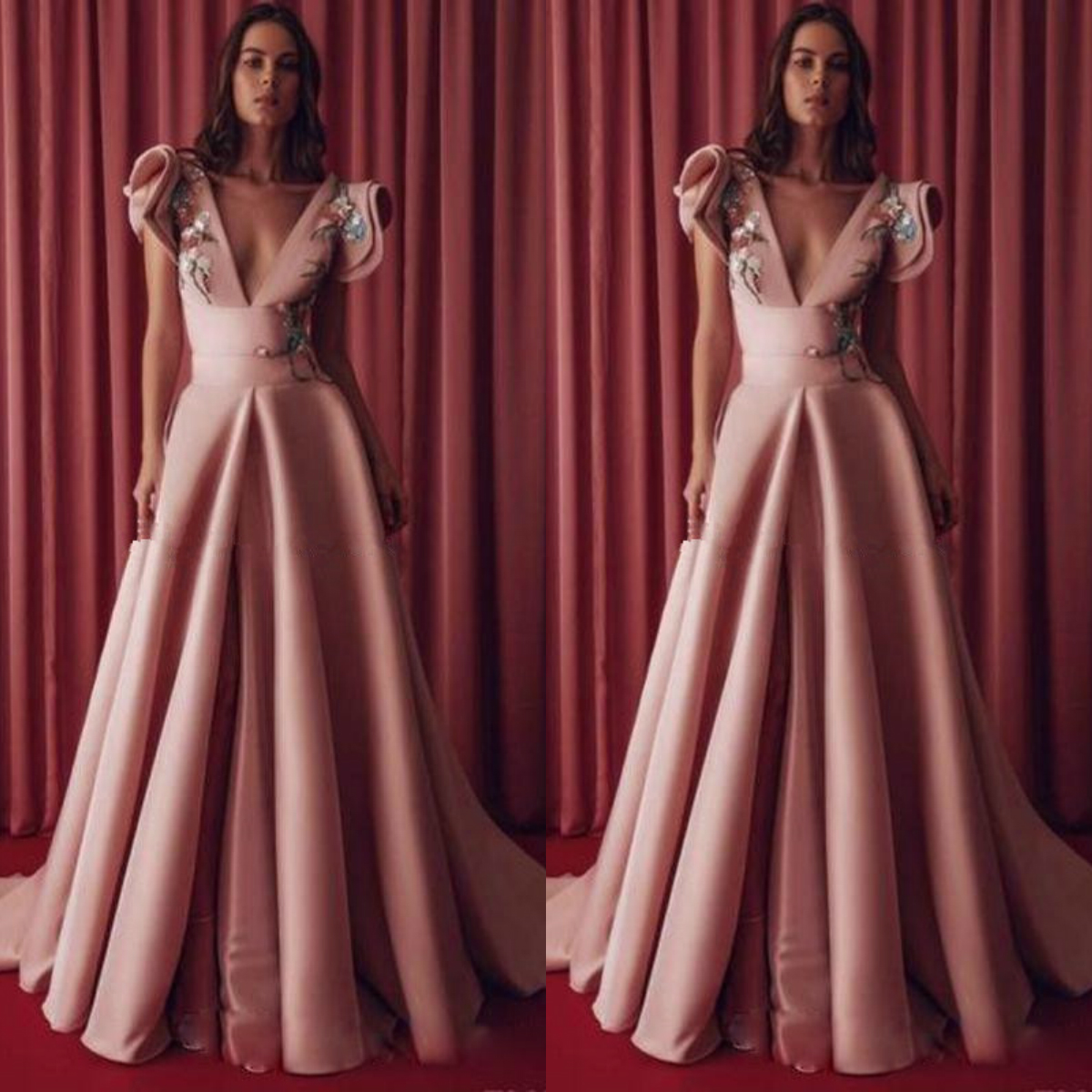 Embroidery Pink 2020 Prom Dresses A Line Deep V Neck Ruffles Sleeve Evening Dress Satin Formal Gowns Vestidos de fiesta