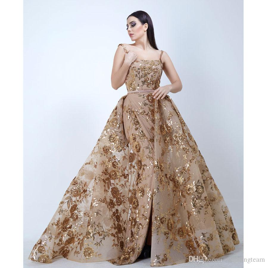 Yousef Aljasmi Mermaid Evening Dresses With Detachable Train Gold Sequined Arabic Prom Gowns Spaghetti Neck Tulle Split Side Formal Dress