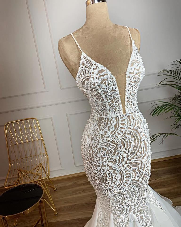 mermaid lace beaded arabic wedding dresses spaghetti neck sexy vintage bridal dresses charming elegant sweep train wedding gowns