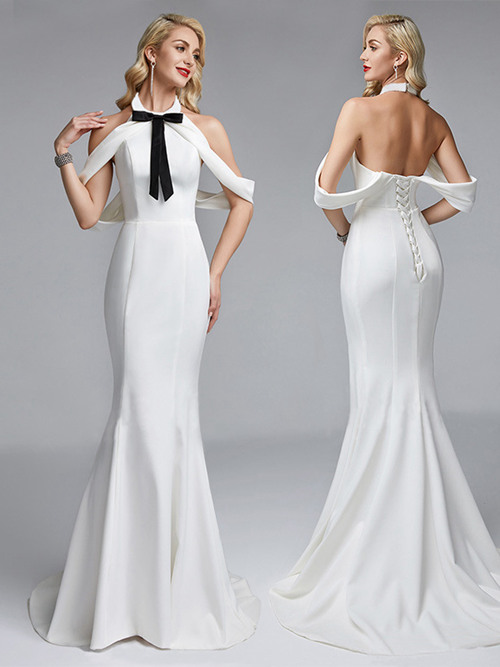 2019 Unique Design White Evening Dresses Mermaid Off Shoulder Sleeves Prom Dresses Backless Sweep Train Women Gowns