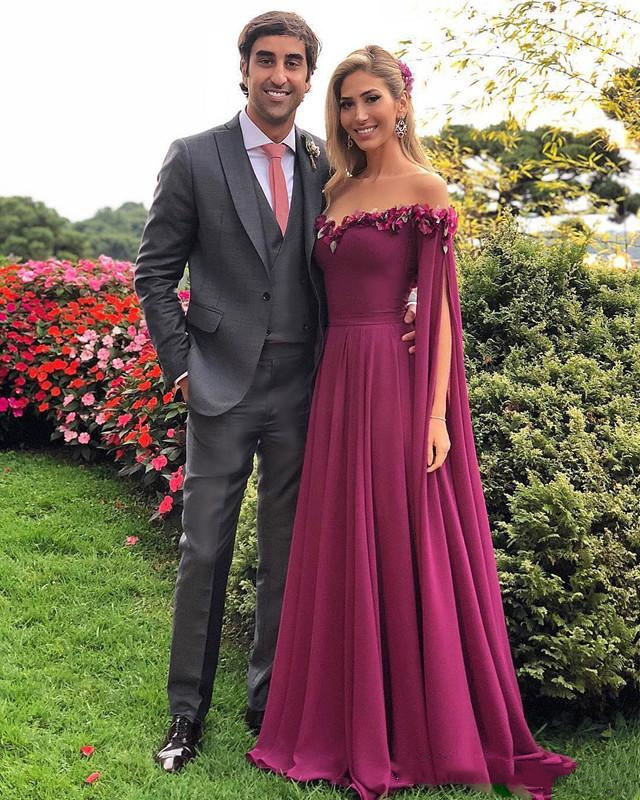 2019 Prom Off Shoulder 3D Handmade Flower Appliques Evening Gowns Long Party Dress Formal Chiffon Gown Bridesmaid Dresses 0510